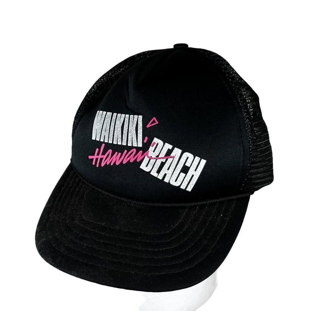 Vintage Waikiki Hawaiian Beach Adjustable Hat Black Neon Pink Mesh Trucker
